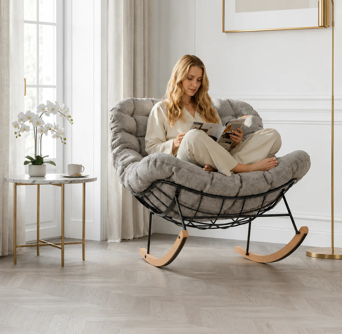Fauteuil à Bascule Extérieur Acier Bois Érable Coussin Épais — vue 5