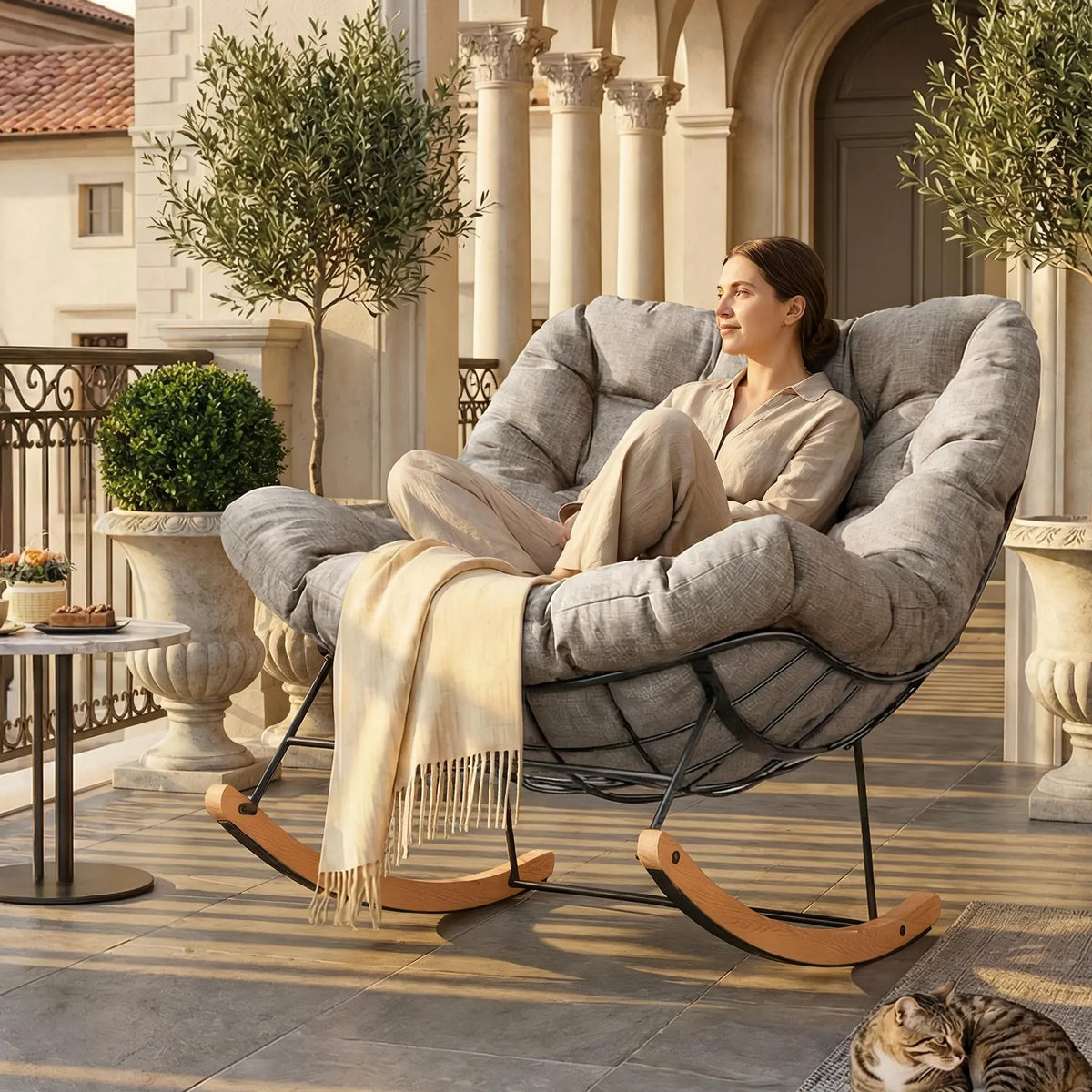 Fauteuil à Bascule Extérieur Acier Bois Érable Coussin Épais