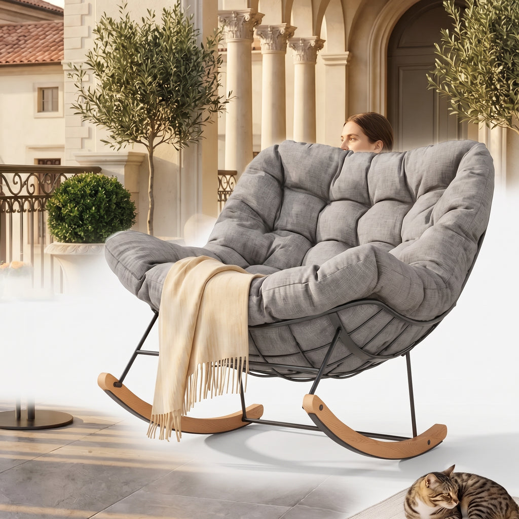 Fauteuil à Bascule Extérieur Acier Bois Érable Coussin Épais