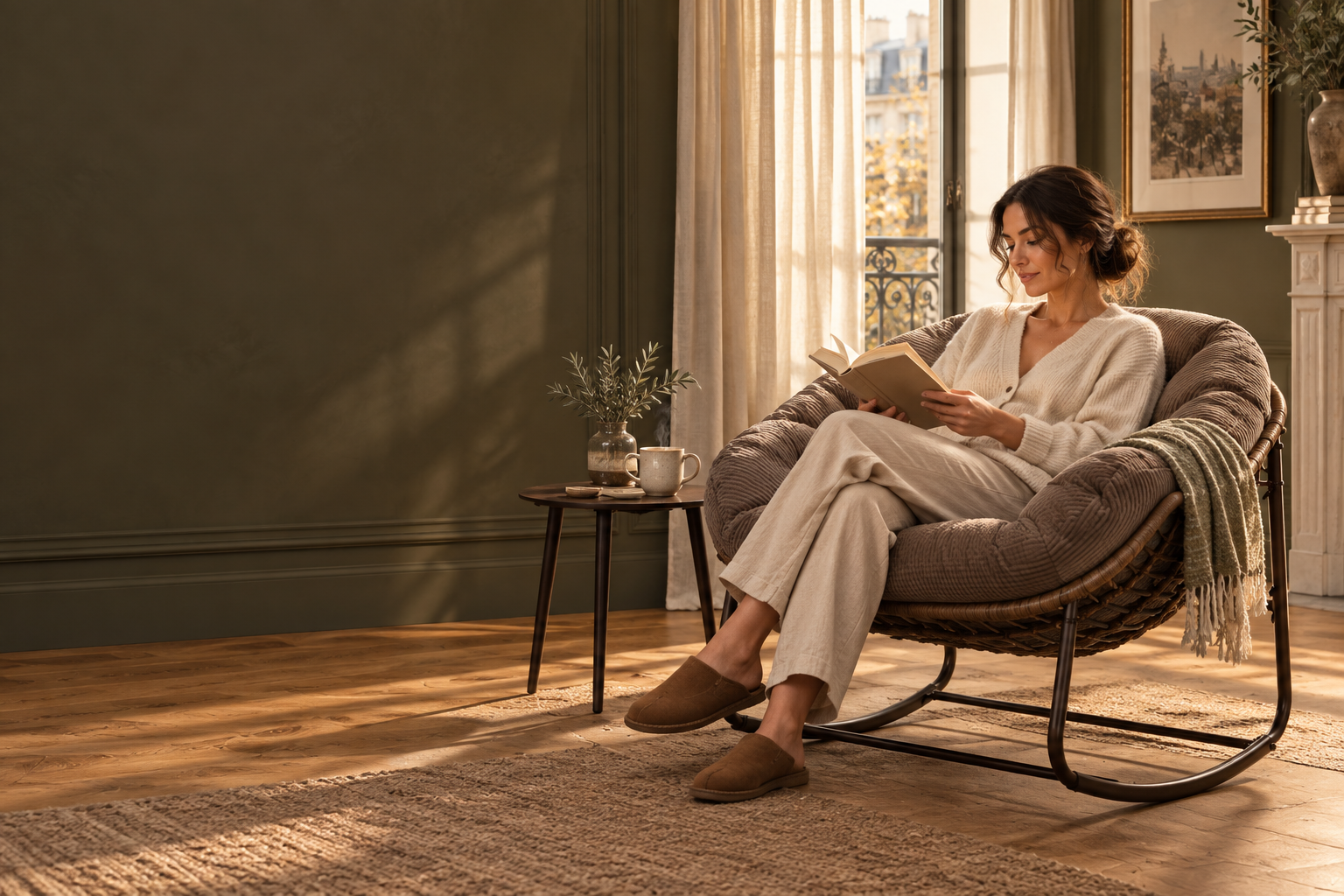 Mise en scène du fauteuil à bascule Cocona, avec une lectrice dans un salon chaleureux