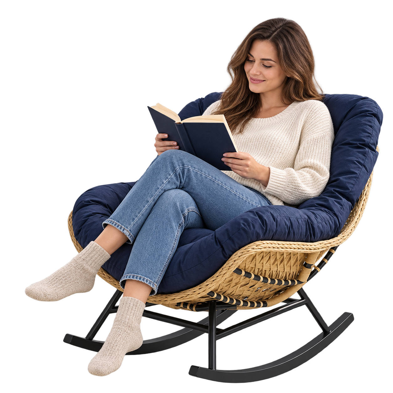 Mise en situation illustrant Fauteuil à Bascule Papasan Rotin Plein Coussin Épais en balancement avec une personne assise