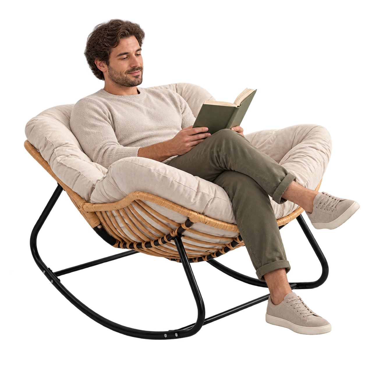 Mise en situation illustrant Rocking Chair Rotin Coussin XXL Toutes Saisons en balancement avec une personne assise