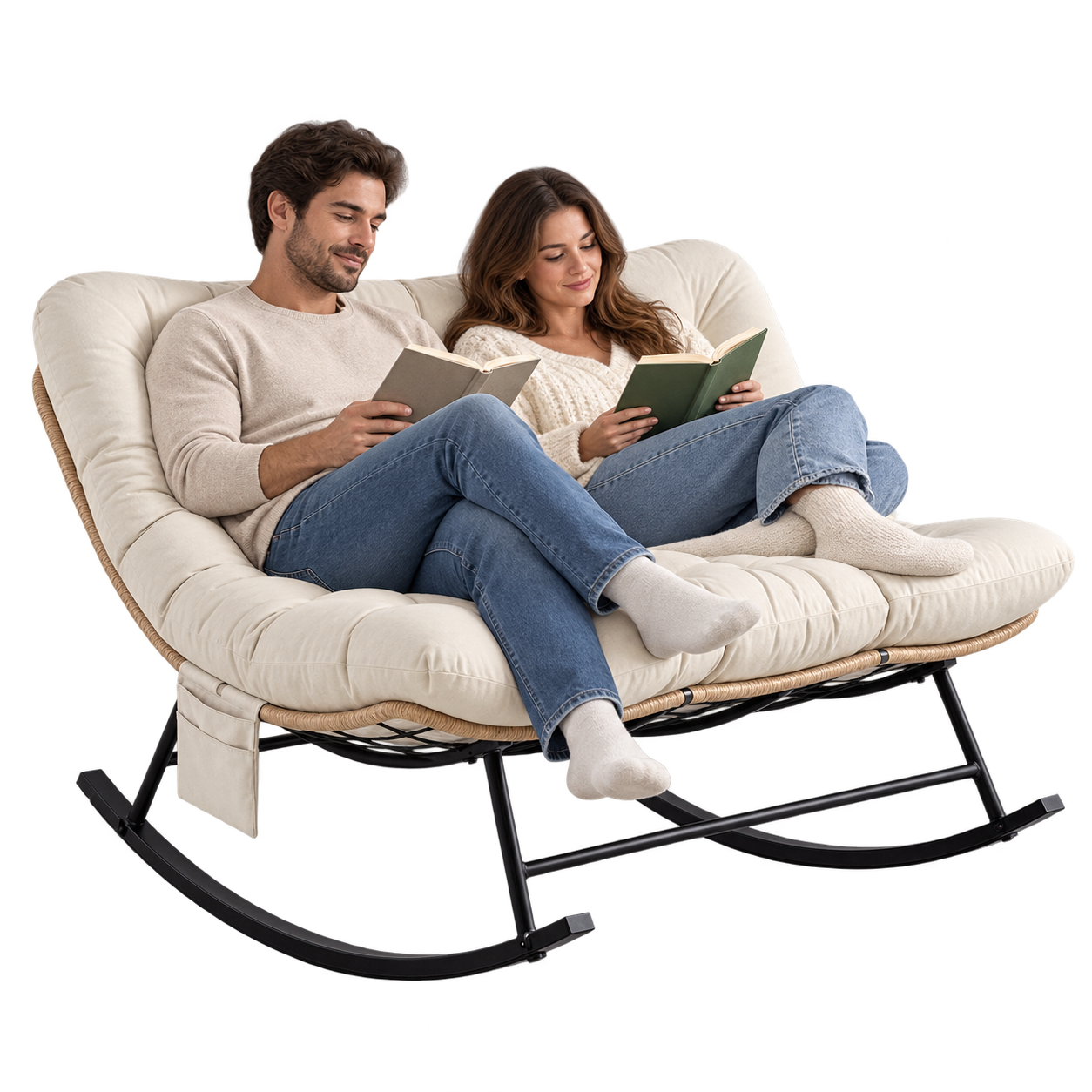 Mise en situation illustrant Rocking Chair Rotin 2 Places Coussin XXL Jardin en balancement avec une personne assise