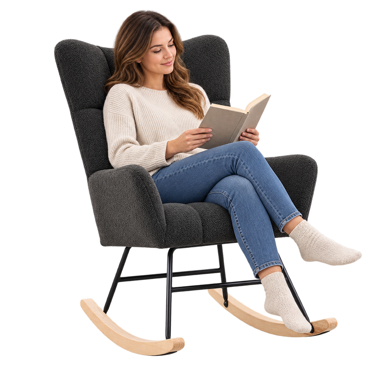 Mise en situation illustrant Fauteuil à Bascule Bouclé Design Intérieur en balancement avec une personne assise