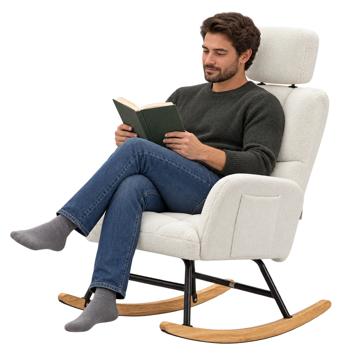 Mise en situation illustrant Rocking Chair Allaitement Ultra Doux Appui-Tête Accoudoirs en balancement avec une personne assise