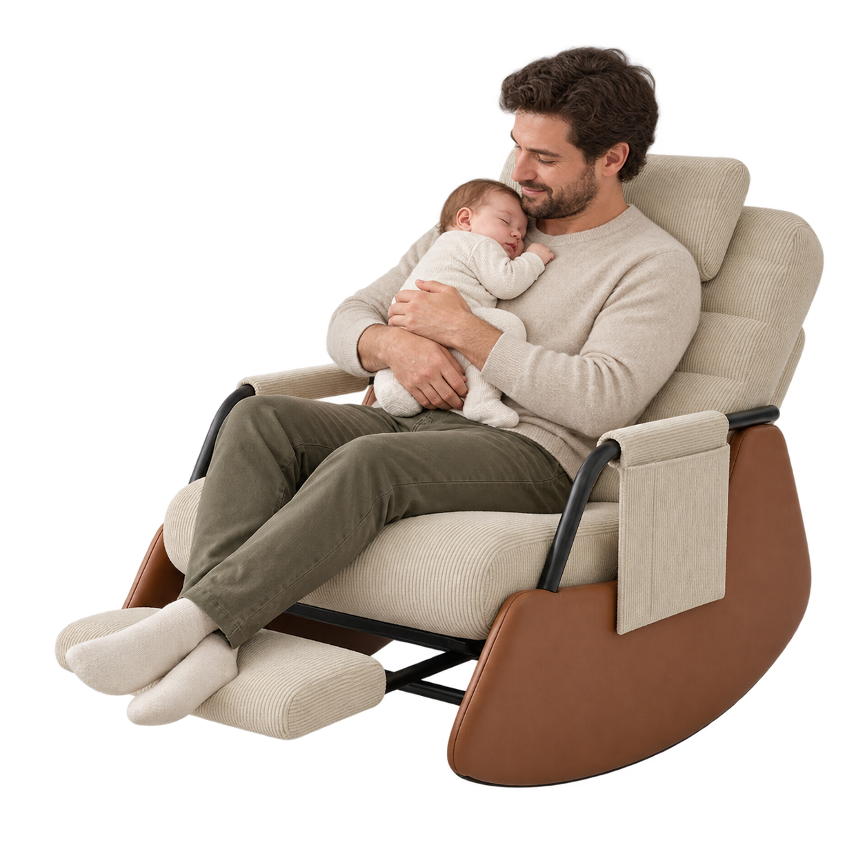 Mise en situation illustrant Rocking Chair Velours Côtelé Bois Massif Design Intérieur en balancement avec une personne assise