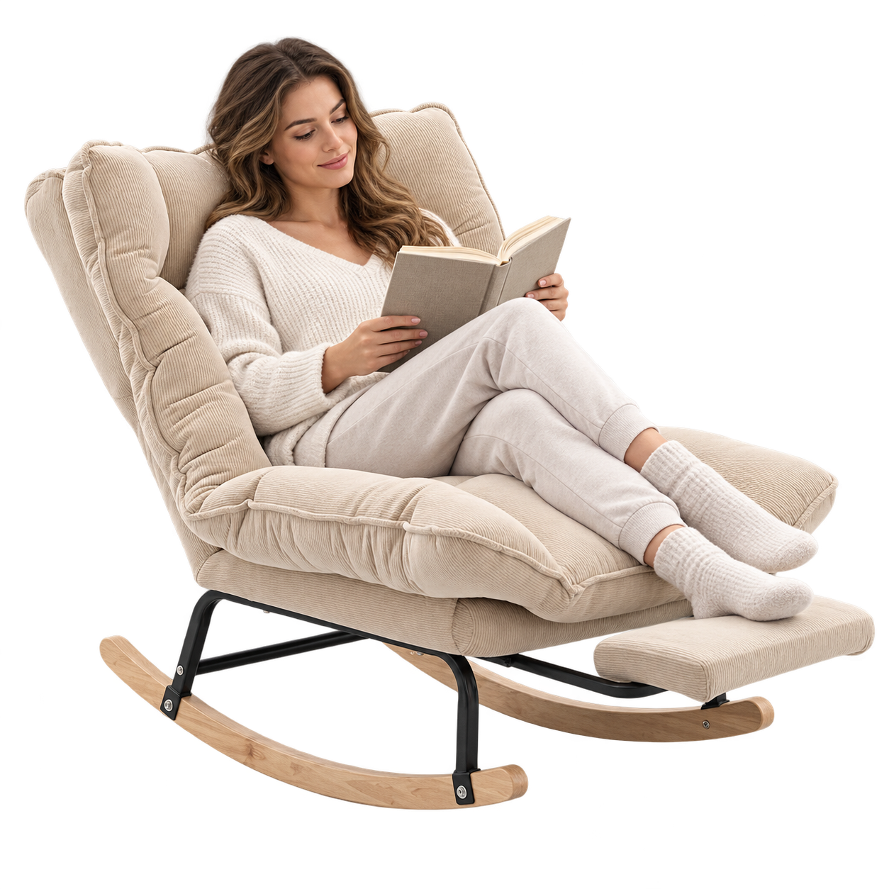 Mise en situation illustrant Rocking Chair Inclinable Corduroy Repose-Pieds en balancement avec une personne assise