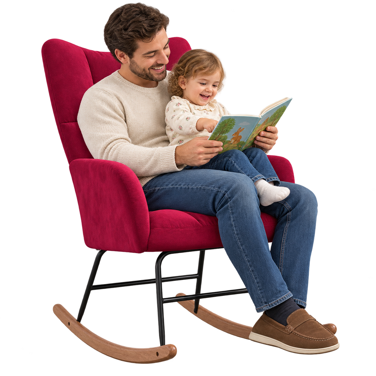 Mise en situation illustrant Rocking Chair Velours Rembourré Confort Maximum en balancement avec une personne assise