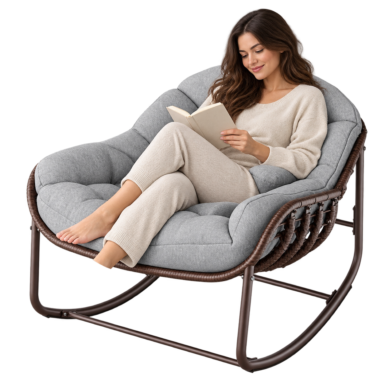 Mise en situation illustrant Rocking Chair Rotin Surdimensionné Grand Confort en balancement avec une personne assise