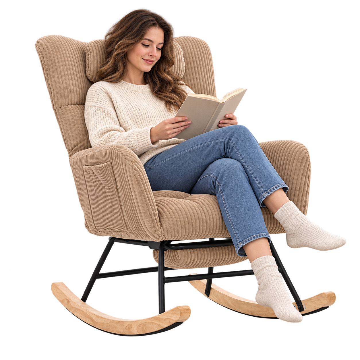 Mise en situation illustrant Rocking Chair Allaitement Cocon Velours Côtelé Repose-Pieds en balancement avec une personne assise