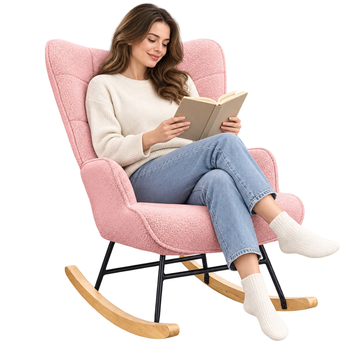 Mise en situation illustrant Rocking Chair Teddy Dossier Haut Grande Taille en balancement avec une personne assise