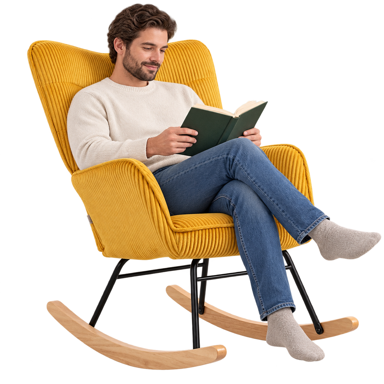 Mise en situation illustrant Rocking Chair Tissu Côtelé Bois Scandinave Salon en balancement avec une personne assise