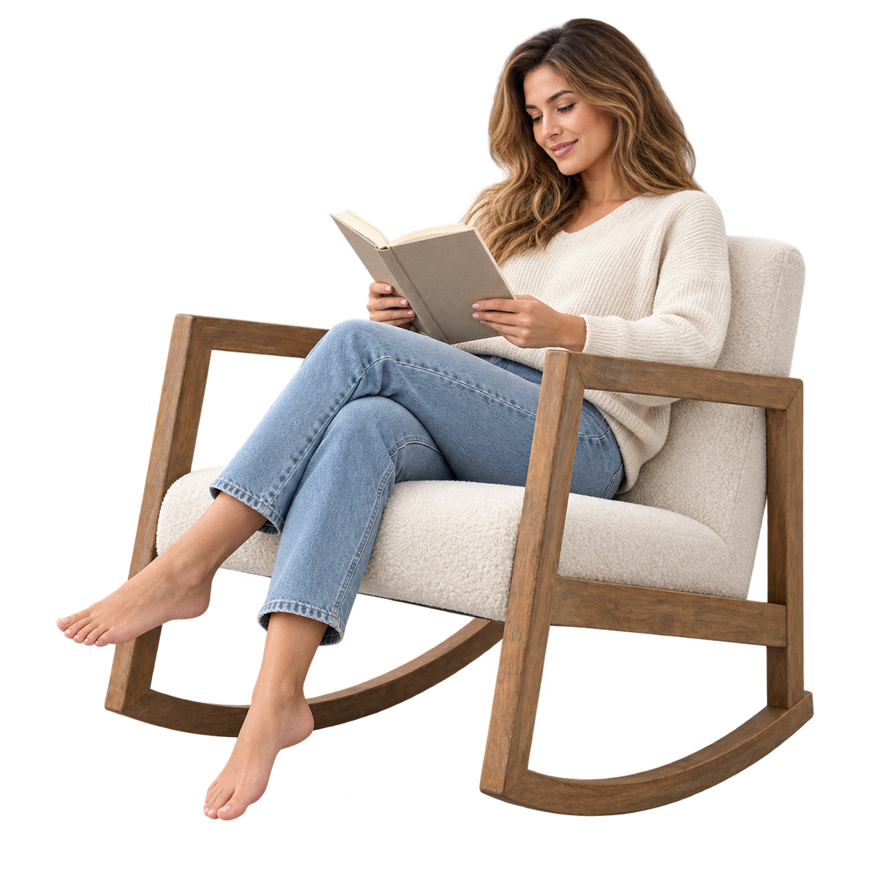 Mise en situation illustrant Rocking Chair Bouclette Style Nordique en balancement avec une personne assise