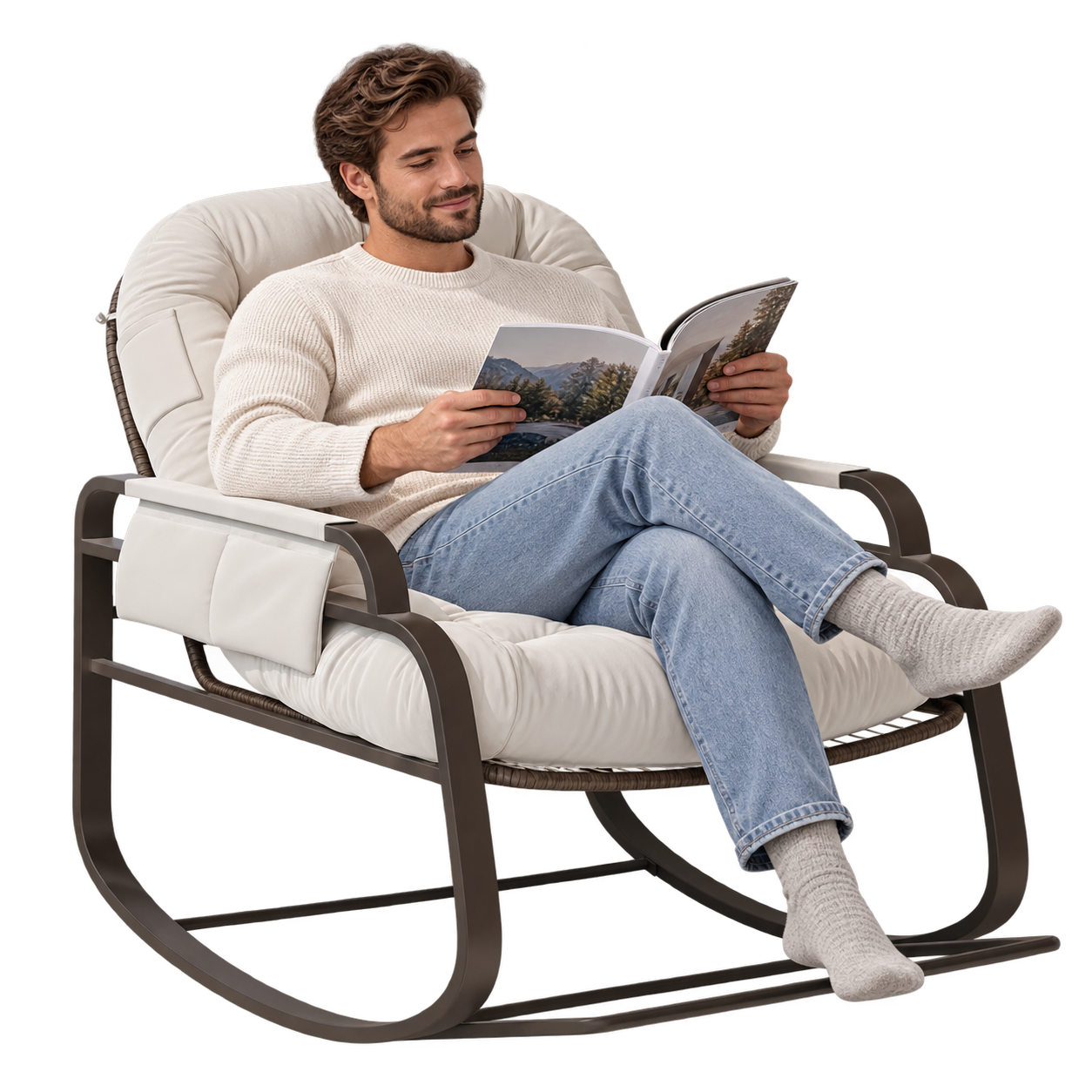 Mise en situation illustrant Rocking Chair Rotin Naturel Extérieur Terrasse en balancement avec une personne assise