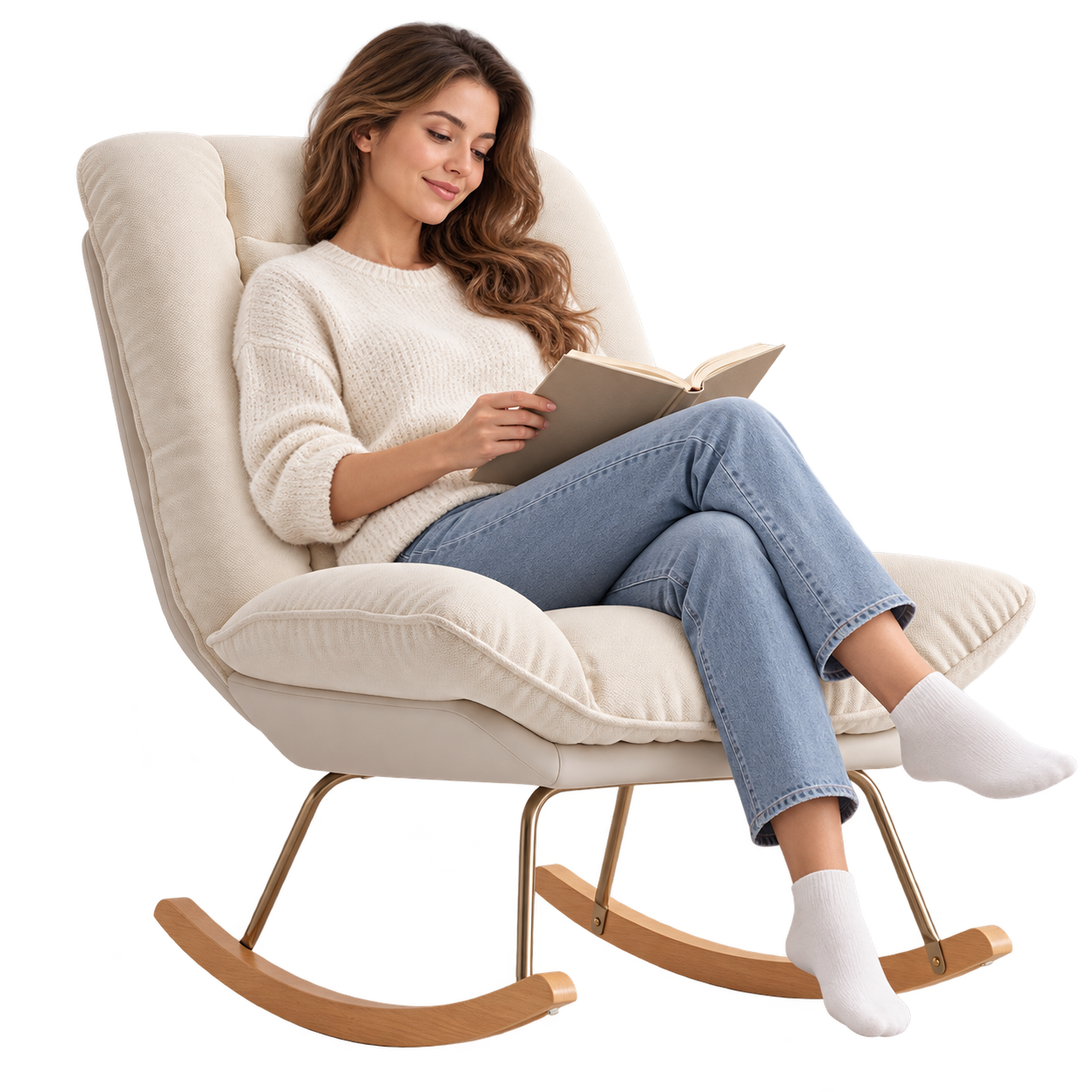 Mise en situation illustrant Rocking Chair Lin Bois de Hêtre Naturel en balancement avec une personne assise