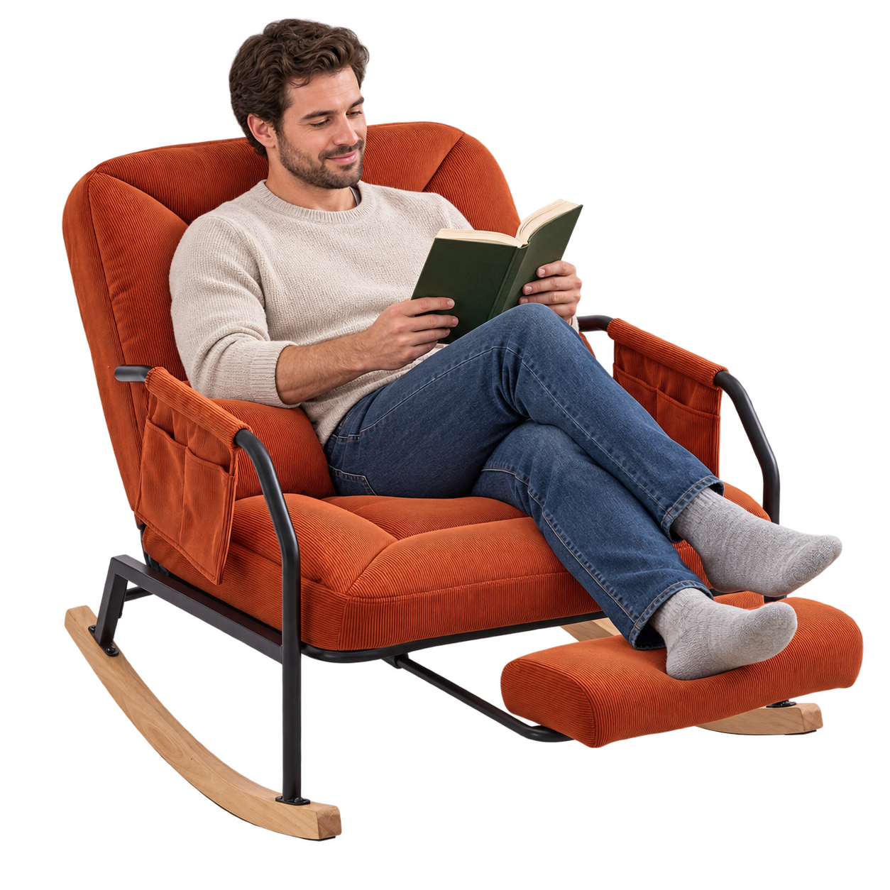 Mise en situation illustrant Rocking Chair Inclinable Corduroy Salon en balancement avec une personne assise