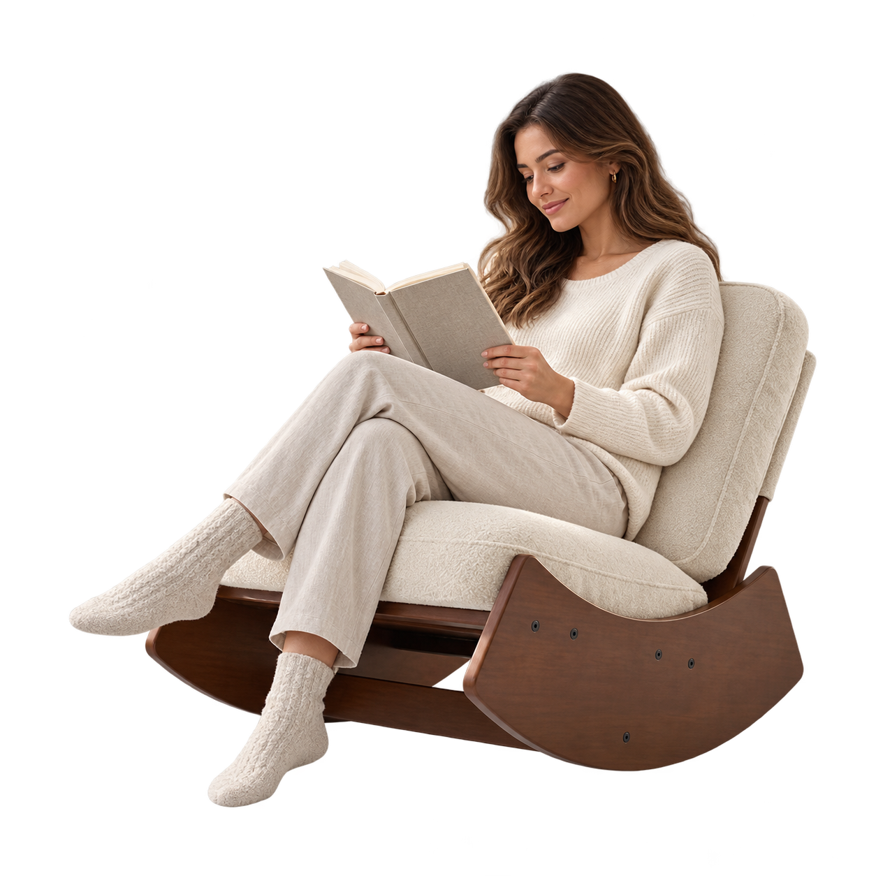 Mise en situation illustrant Rocking Chair Velours Rétro Design Salon en balancement avec une personne assise