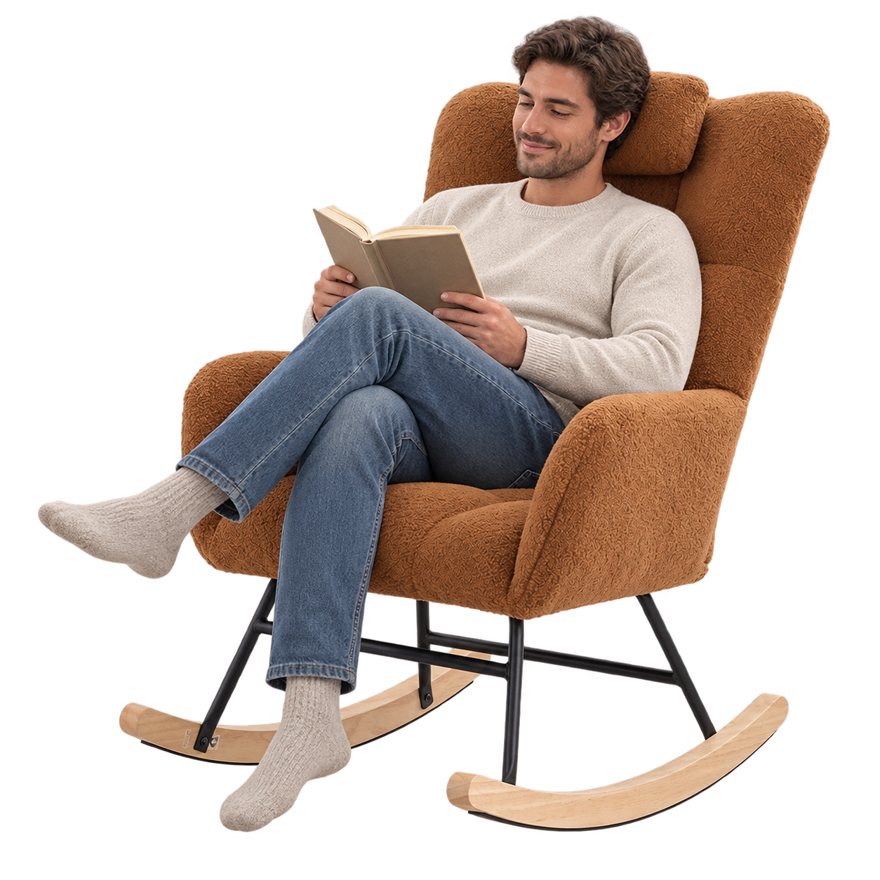 Mise en situation illustrant Rocking Chair Teddy Confort Salon Intérieur en balancement avec une personne assise