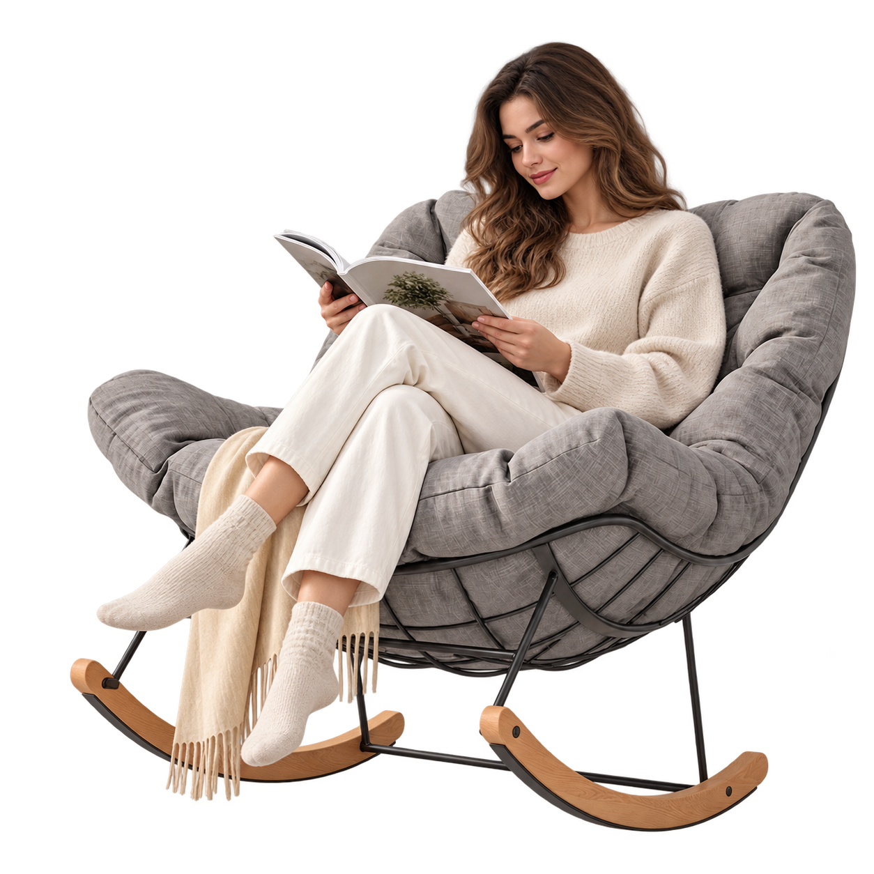 Mise en situation illustrant Fauteuil à Bascule Extérieur Acier Bois Érable Coussin Épais en balancement avec une personne assise
