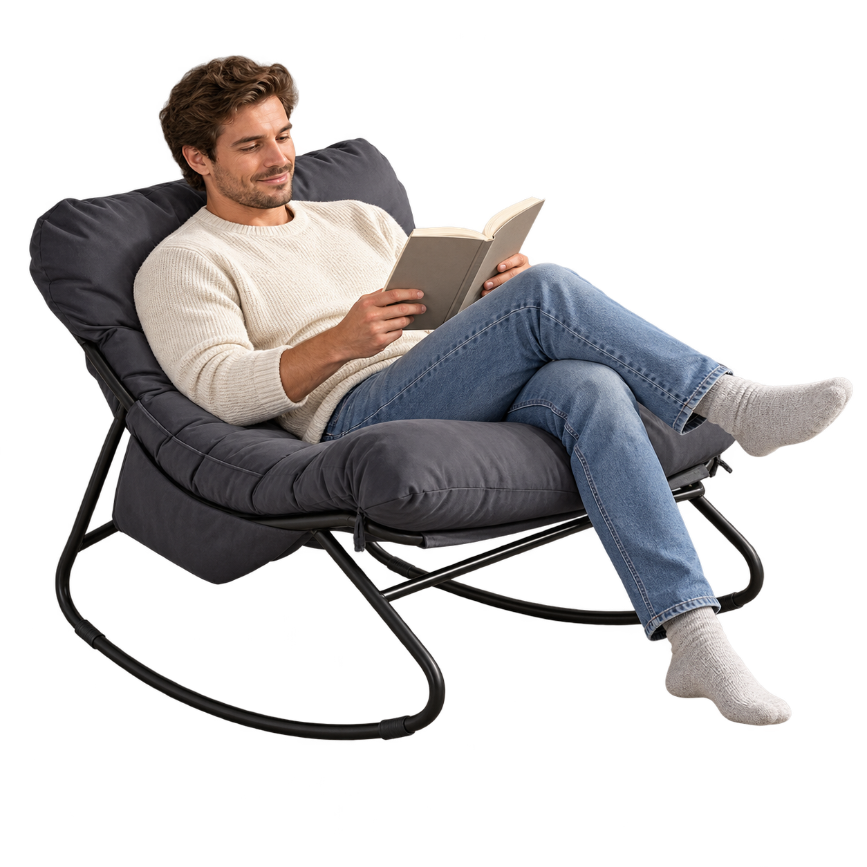 Mise en situation illustrant Rocking Chair Extérieur Coussin Imperméable Jardin en balancement avec une personne assise