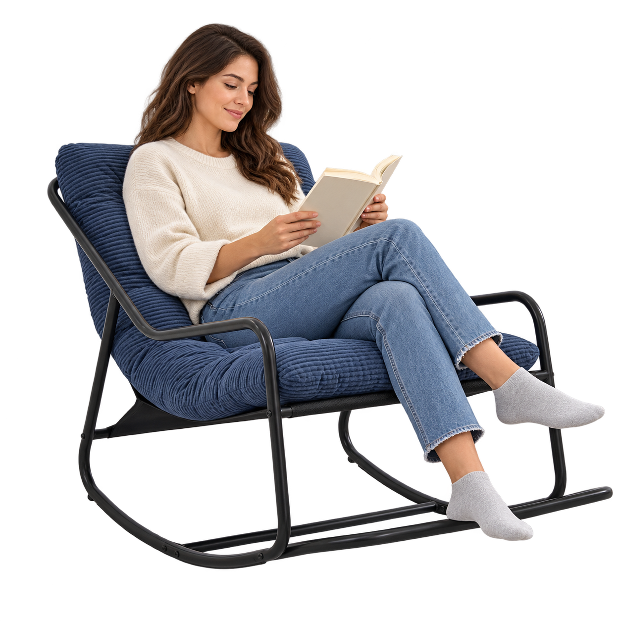 Mise en situation illustrant Rocking Chair Corduroy Capitonné Cadre Métal Noir en balancement avec une personne assise