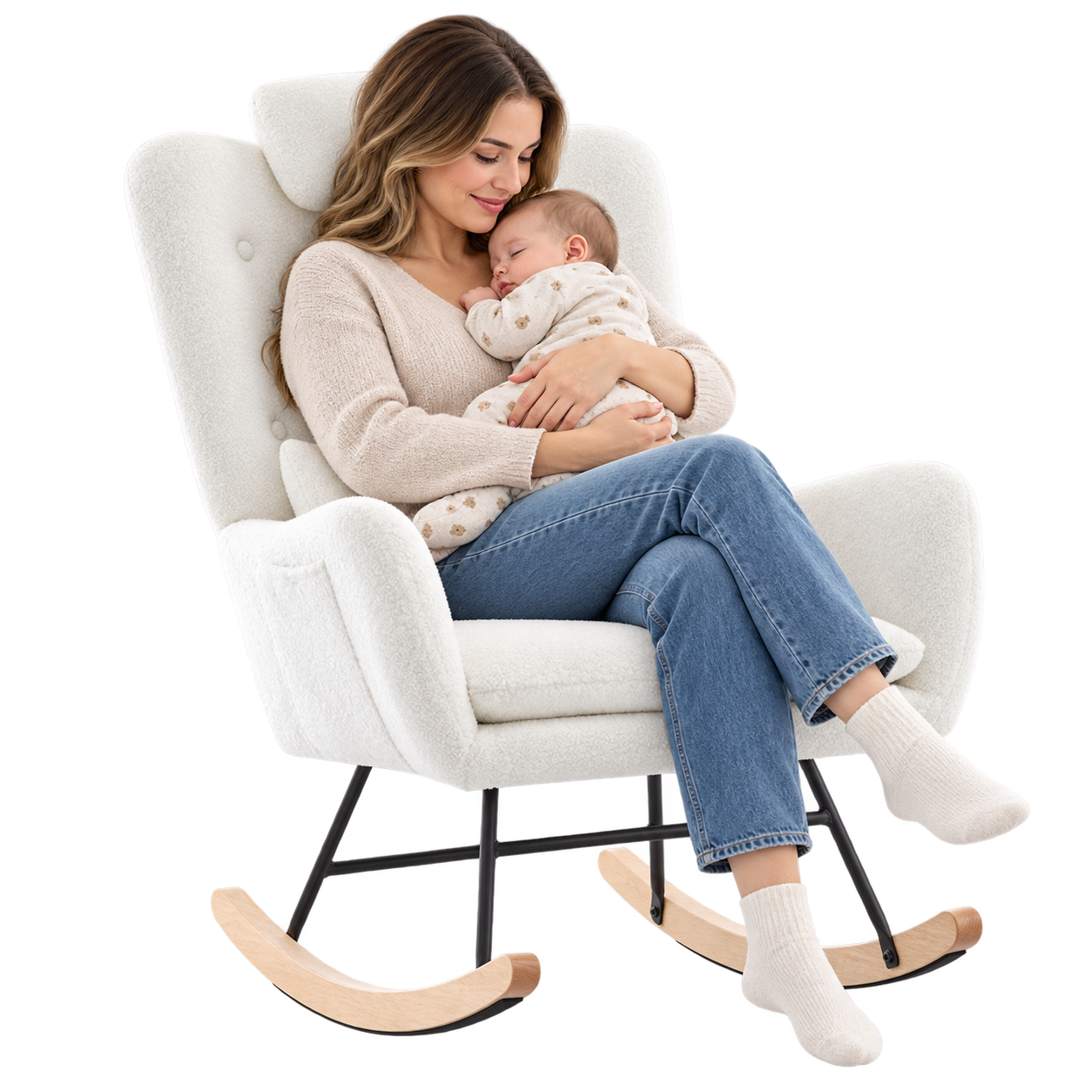 Mise en situation illustrant Rocking Chair Allaitement Ergonomique Tissu en balancement avec une personne assise
