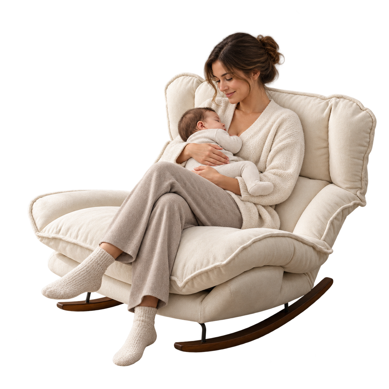 Mise en situation illustrant Rocking Chair Allaitement Inclinable Position Allongée en balancement avec une personne assise