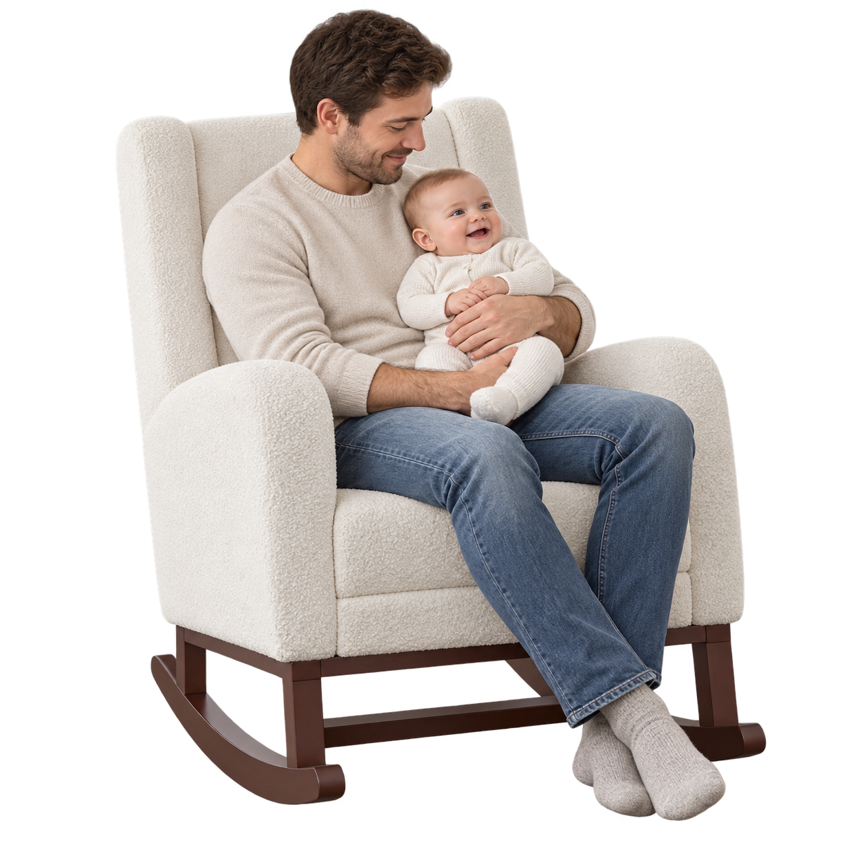 Mise en situation illustrant Rocking Chair Allaitement Teddy Blanc Ivoire Repose-Pieds en balancement avec une personne assise